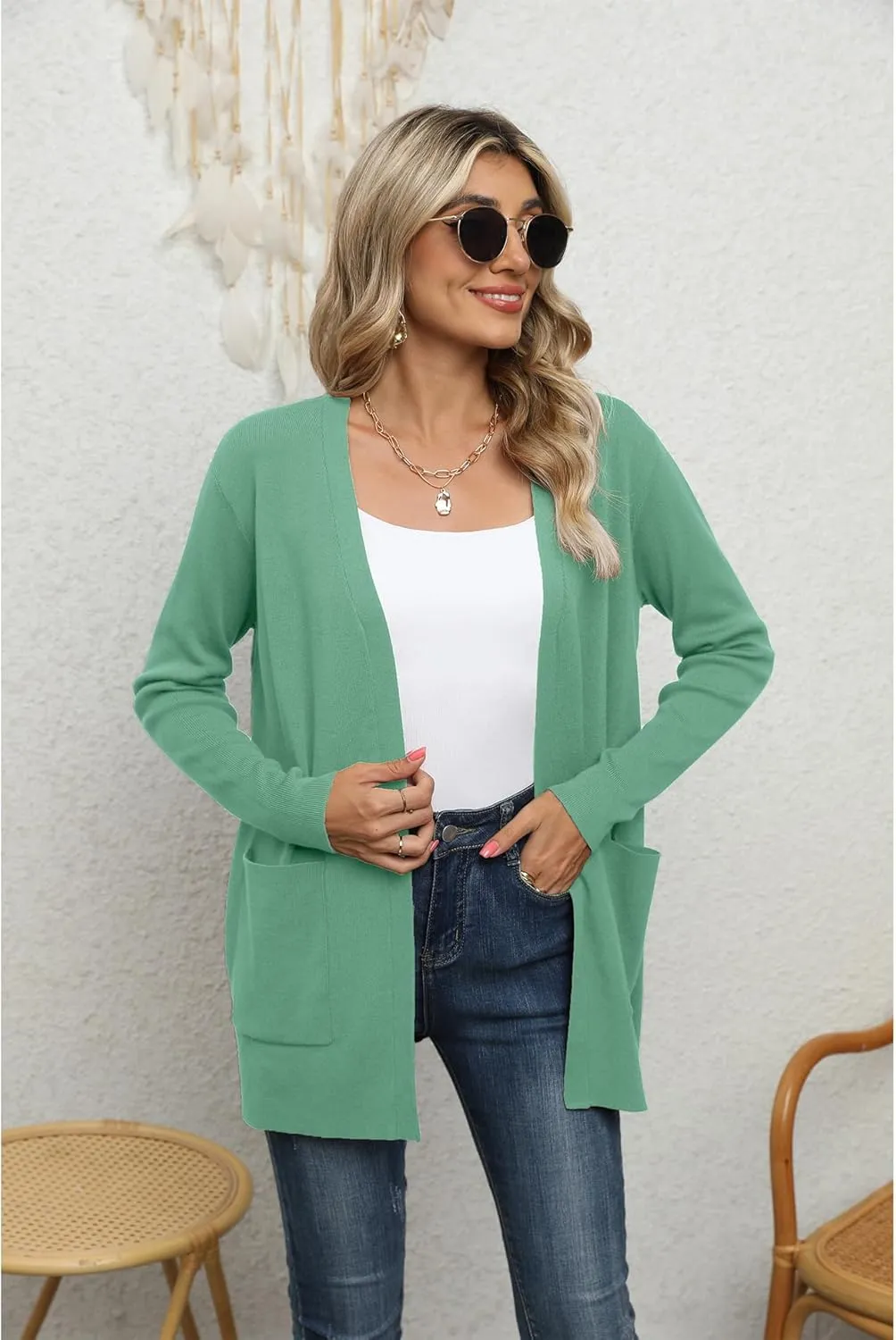 LILBETTER Womens Casual Lightweight Long Sleeve Open Front Cardigan Sweaters with Pockets