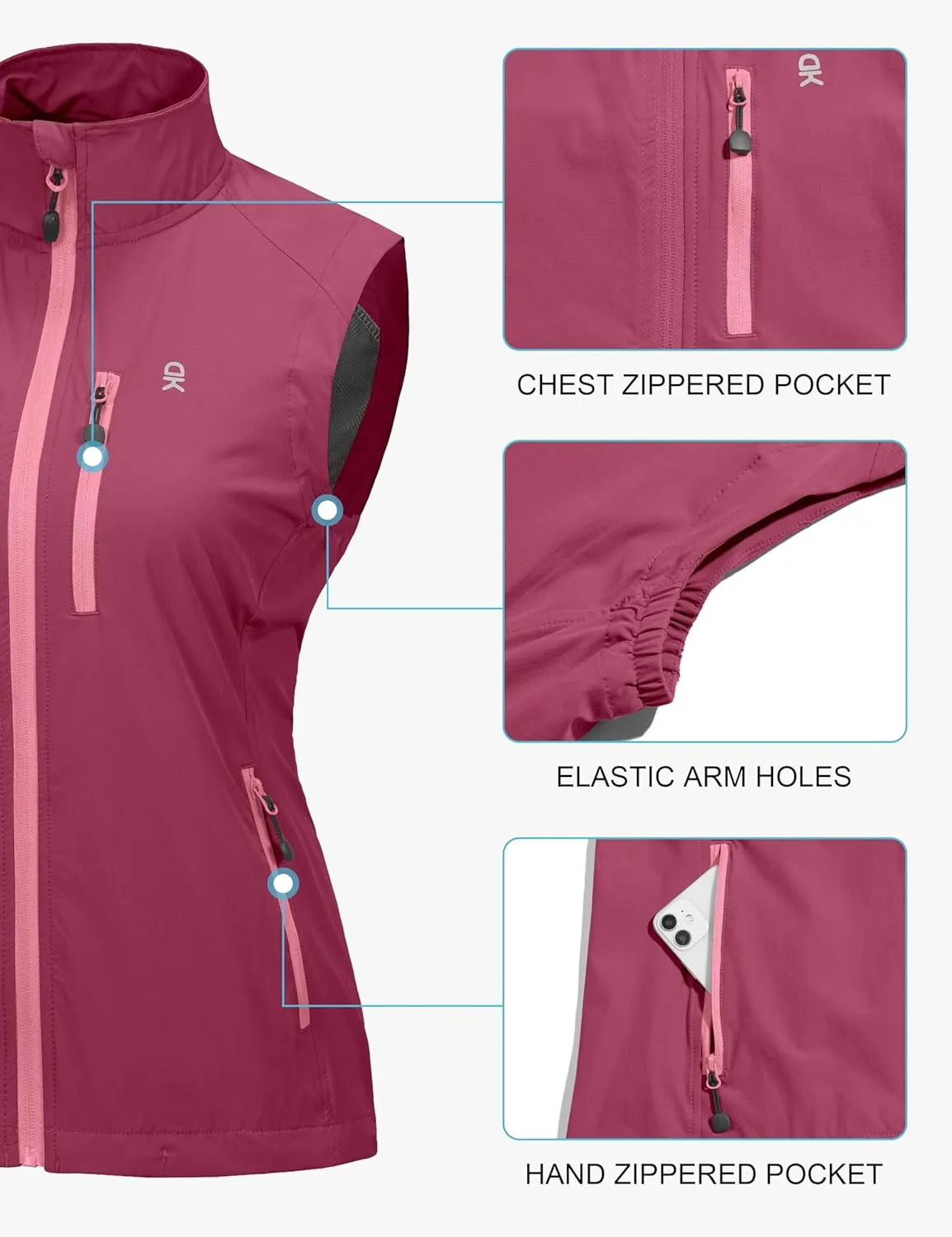 Little Donkey Andy Women's Lightweight Quick Dry Vest Summer Windproof Sleeveless Elastic Jacket for Golfing Cycling Running