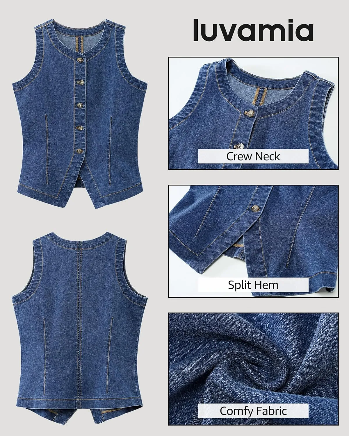 luvamia Denim Vest for Women Sleeveless Strechy Jean Vest Top Button Down Crewneck Casual Summer Western Waistcoat