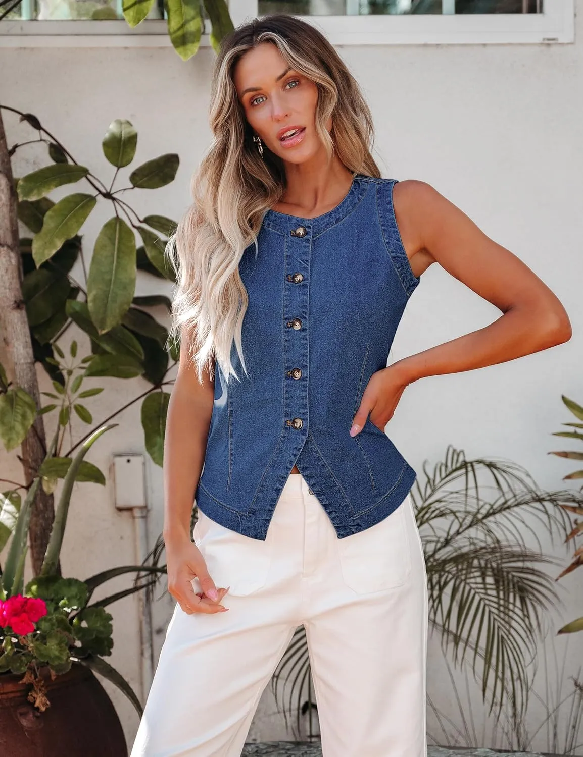 luvamia Denim Vest for Women Sleeveless Strechy Jean Vest Top Button Down Crewneck Casual Summer Western Waistcoat