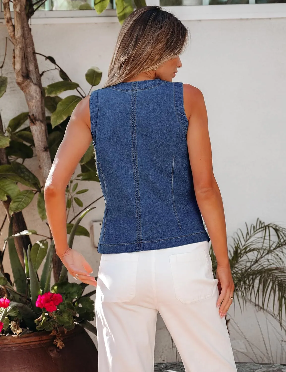 luvamia Denim Vest for Women Sleeveless Strechy Jean Vest Top Button Down Crewneck Casual Summer Western Waistcoat