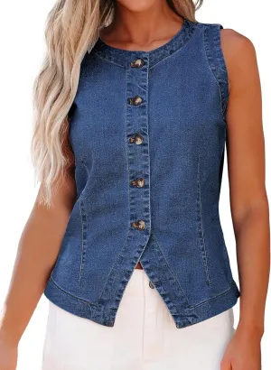 luvamia Denim Vest for Women Sleeveless Strechy Jean Vest Top Button Down Crewneck Casual Summer Western Waistcoat