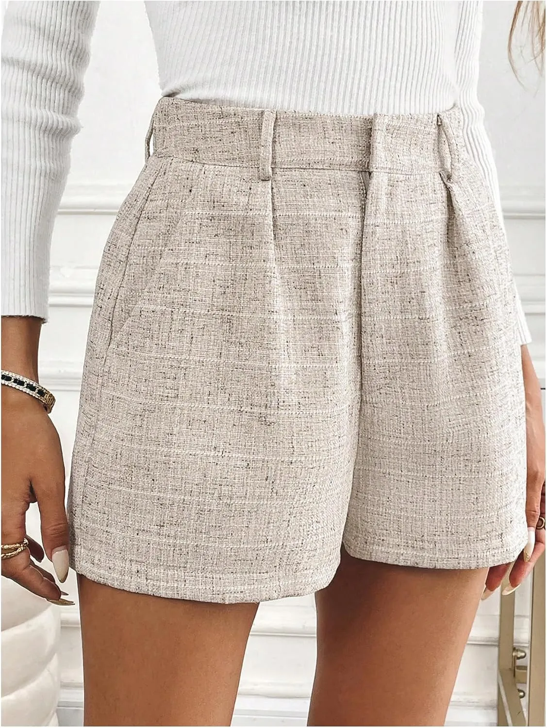 MakeMeChic Women's Elegant Plaid Shorts High Waisted Zipper Wide Leg Mini Dressy Work Office Casual Shorts