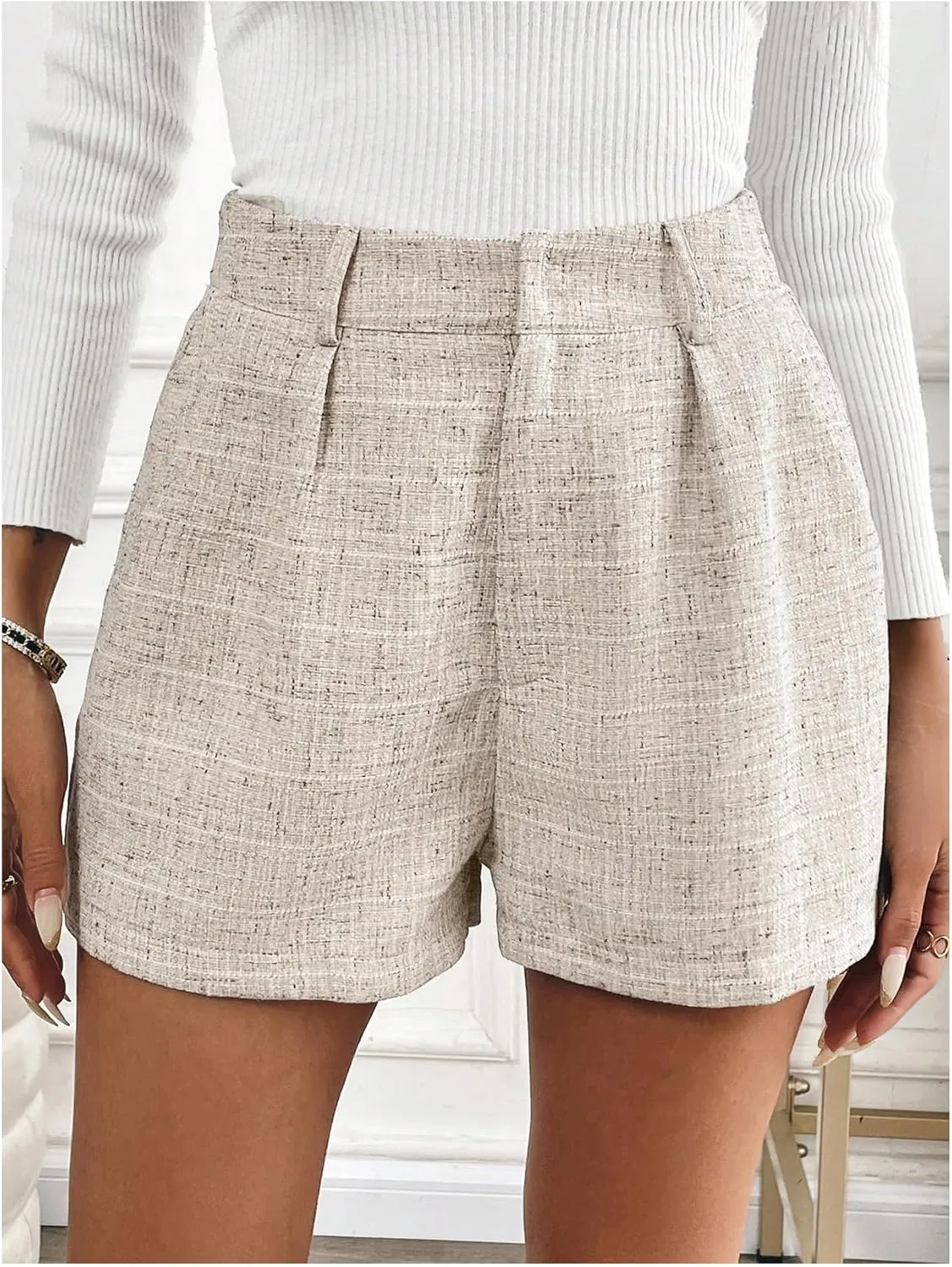 MakeMeChic Women's Elegant Plaid Shorts High Waisted Zipper Wide Leg Mini Dressy Work Office Casual Shorts