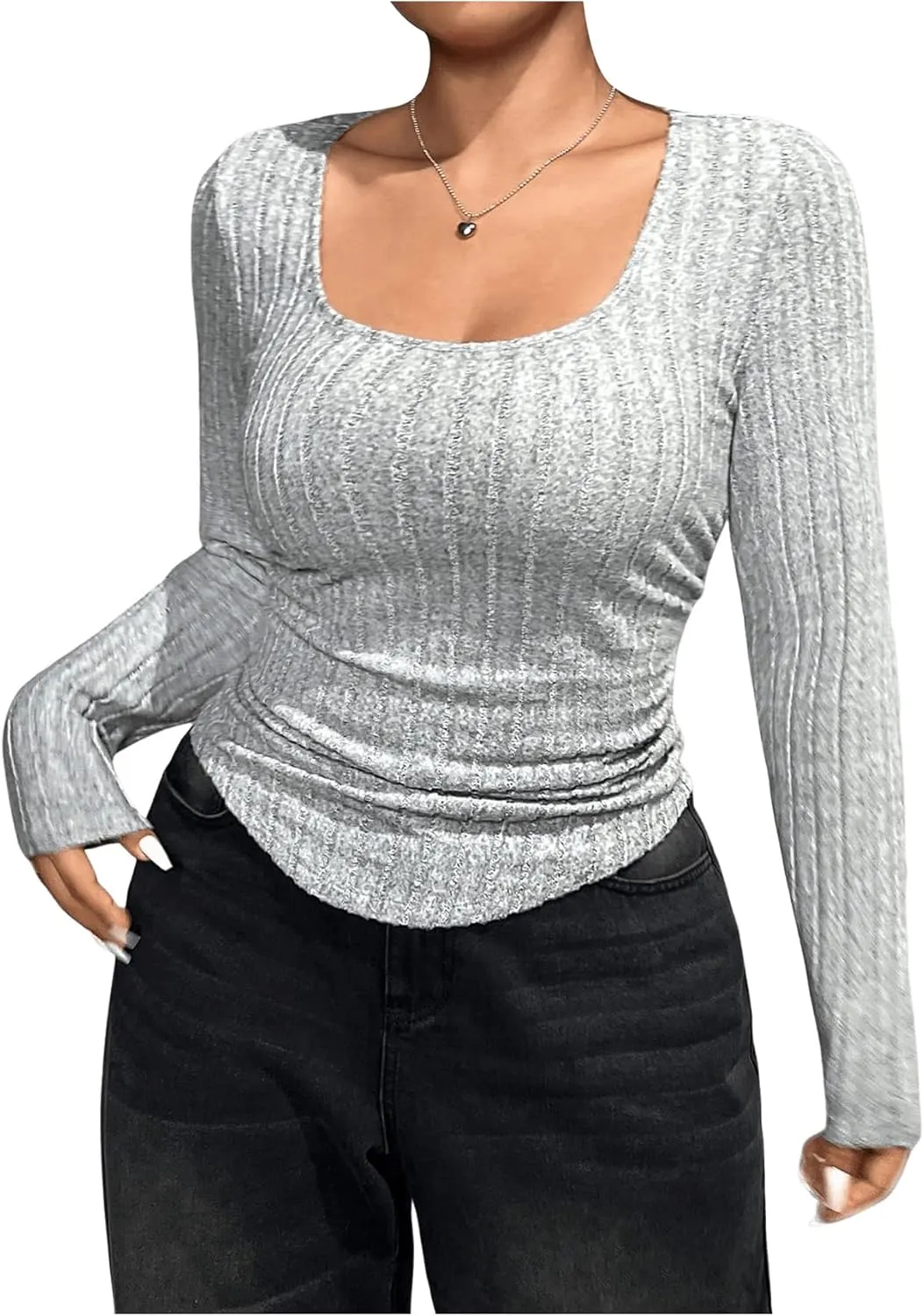 MakeMeChic Women's Plus Size T Shirt Ruched Square Neck Long Sleeve Rib Knitted Tee Top