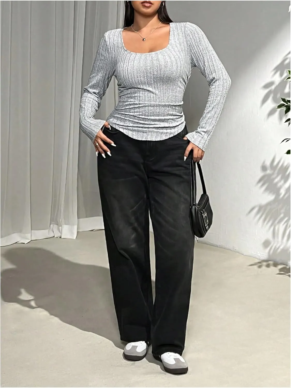 MakeMeChic Women's Plus Size T Shirt Ruched Square Neck Long Sleeve Rib Knitted Tee Top