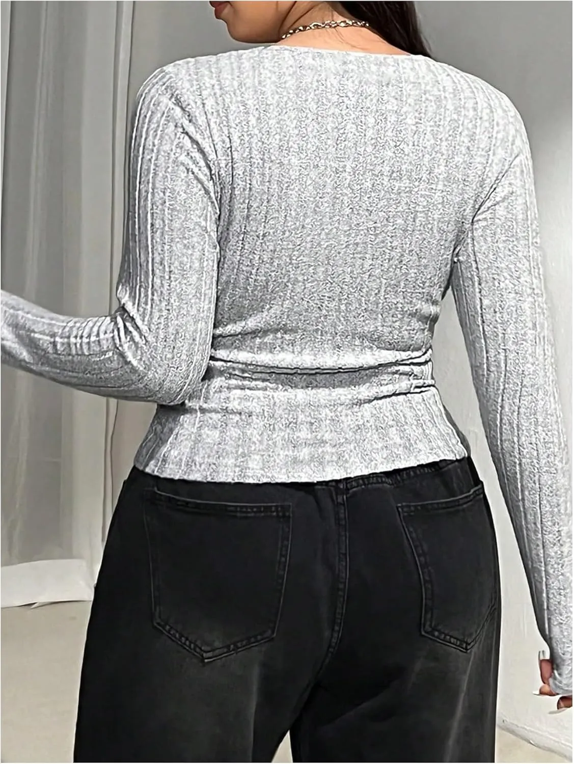 MakeMeChic Women's Plus Size T Shirt Ruched Square Neck Long Sleeve Rib Knitted Tee Top