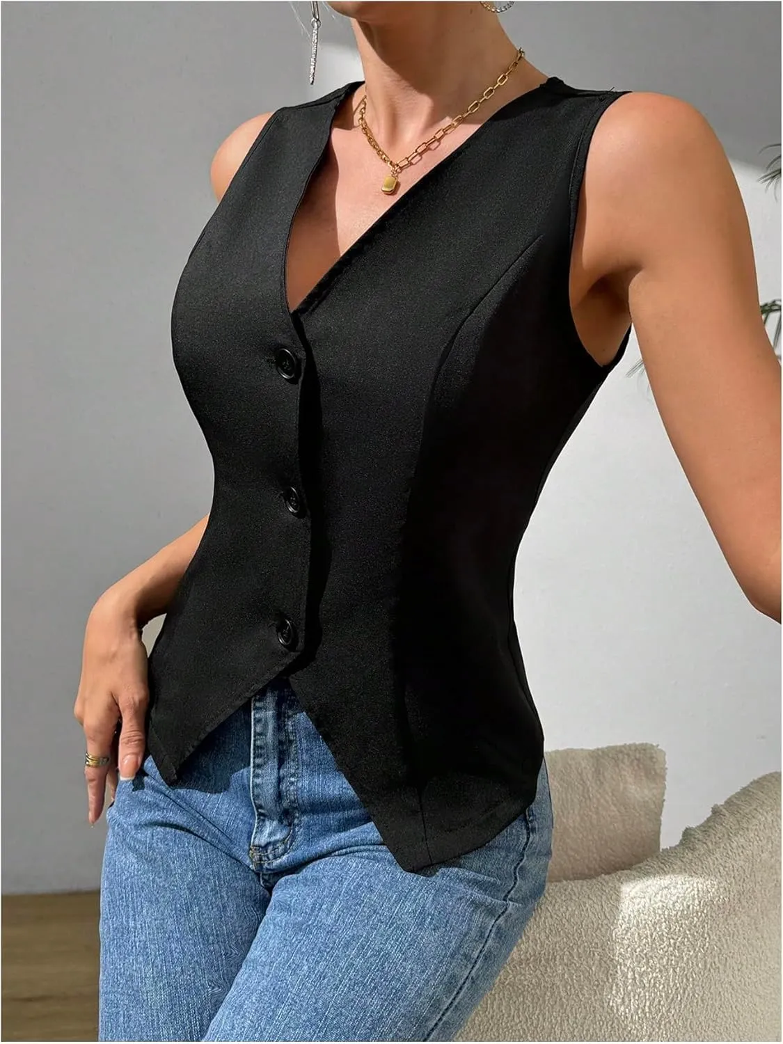 MakeMeChic Women's Suit Vest Top Sleeveless V Neck Blazer Vest Waistcoat