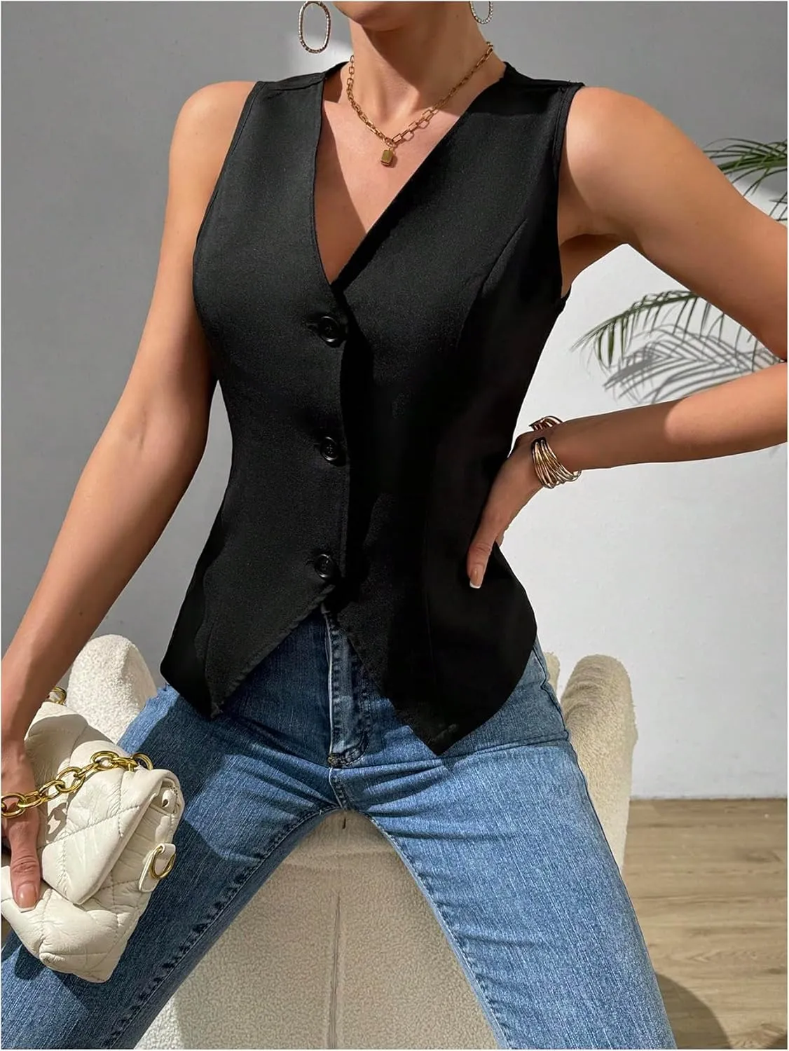 MakeMeChic Women's Suit Vest Top Sleeveless V Neck Blazer Vest Waistcoat