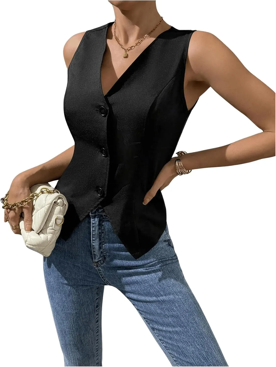 MakeMeChic Women's Suit Vest Top Sleeveless V Neck Blazer Vest Waistcoat