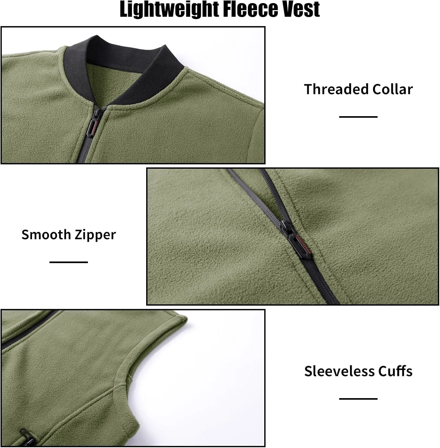Mans Fleece Vest Full-Zip Outerwear Lightweight Sleeveless Jacket With Zipper Pockets