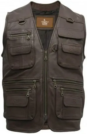 man's Hunting Fishing Riding Climbing Pockets Biker Motorcycle stylish Genuine Brown Lambskin leather vest