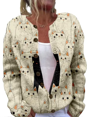 MARSVOVO Cardigan Sweaters for Women Cute Cat Print Long Sleeve Button Down Open Front Cardigan for Women