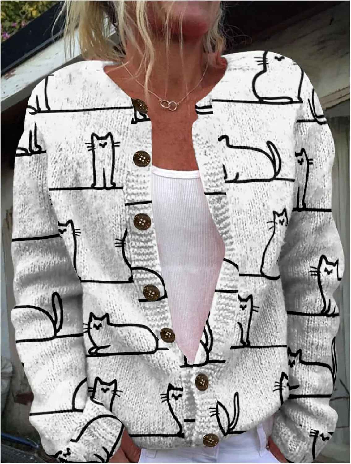 MARSVOVO Cardigan Sweaters for Women Cute Cat Print Long Sleeve Button Down Open Front Cardigan for Women