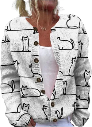MARSVOVO Cardigan Sweaters for Women Cute Cat Print Long Sleeve Button Down Open Front Cardigan for Women