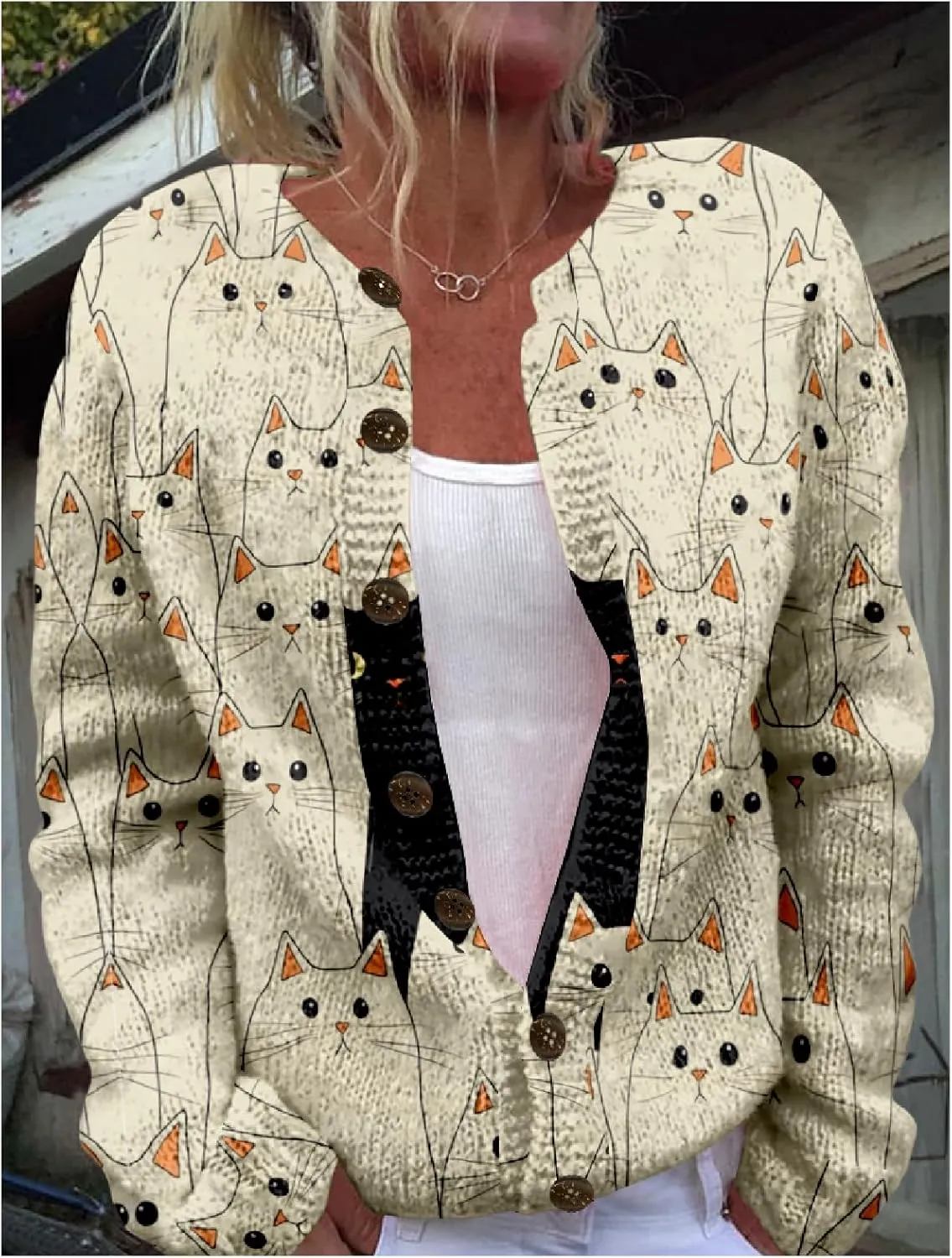 MARSVOVO Cardigan Sweaters for Women Cute Cat Print Long Sleeve Button Down Open Front Cardigan for Women