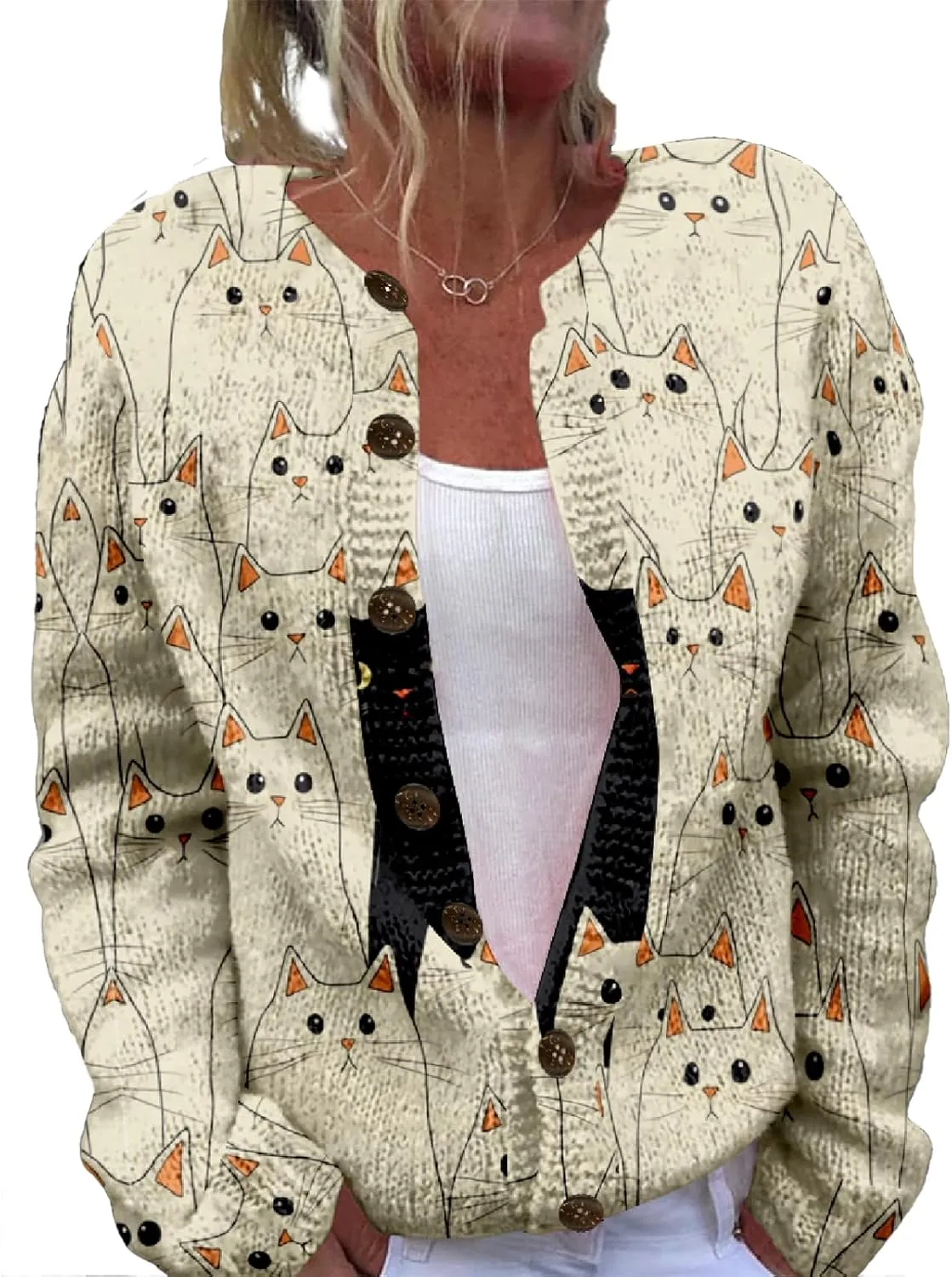 MARSVOVO Cardigan Sweaters for Women Cute Cat Print Long Sleeve Button Down Open Front Cardigan for Women