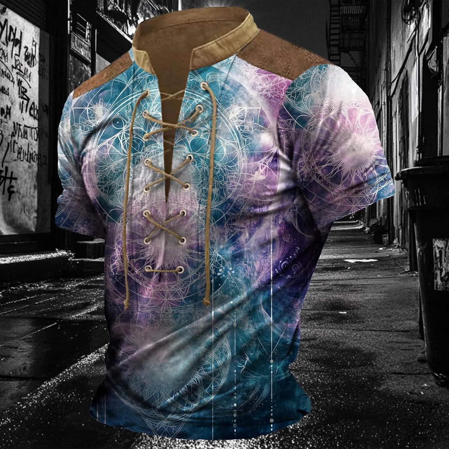 MARSVOVO Men Lace Up V Neck Short Sleeve Fashion Street Style Big and Tall Hip Hop Shirts for Men