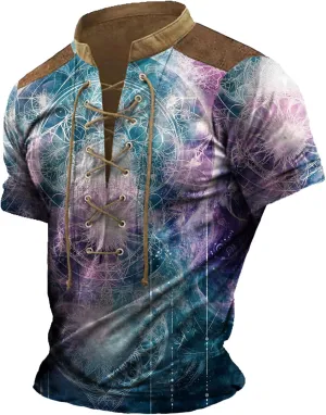 MARSVOVO Men Lace Up V Neck Short Sleeve Fashion Street Style Big and Tall Hip Hop Shirts for Men