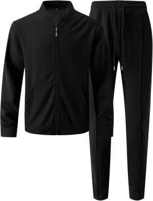 Men Casual Tracksuit Set Full Zipper Pocket Long Sleeve Jacket Trouser Suit Trendy Running Jogging Workout Activewear