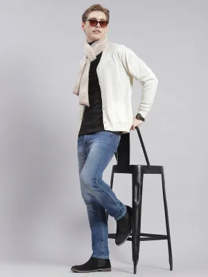Men Cream Solid V Neck Full Sleeve Cardigans