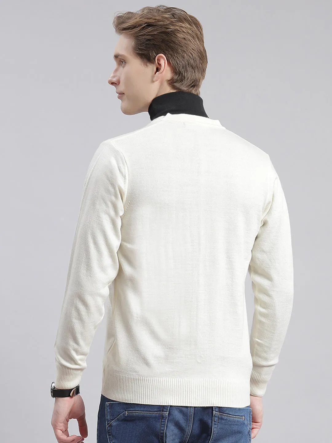 Men Cream Solid V Neck Full Sleeve Cardigans