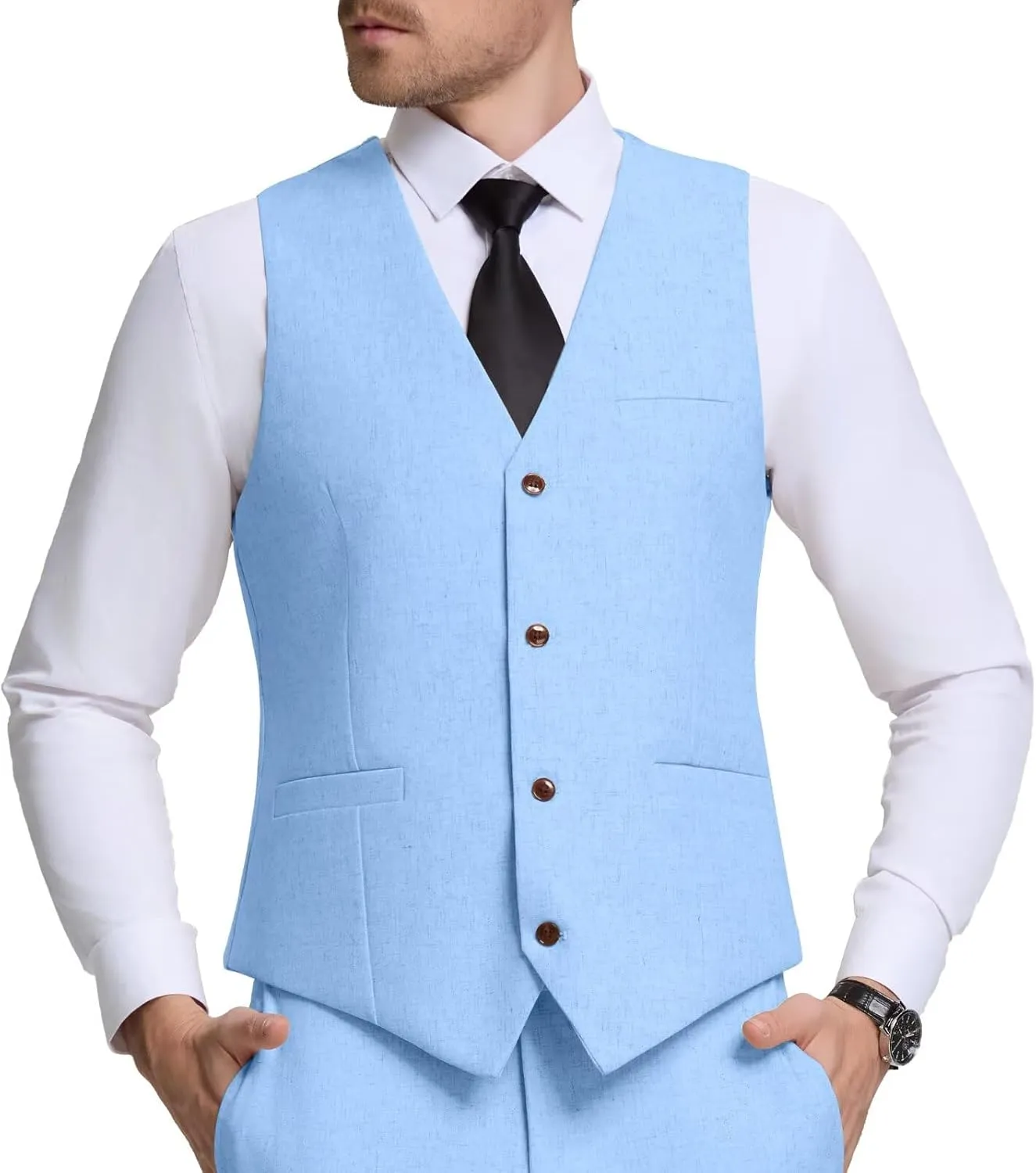 Men Linen Vest Casual Suit Vests Regular Fit Beach Wedding Waistcoat For Mens Groomsmen Party Dress Vest