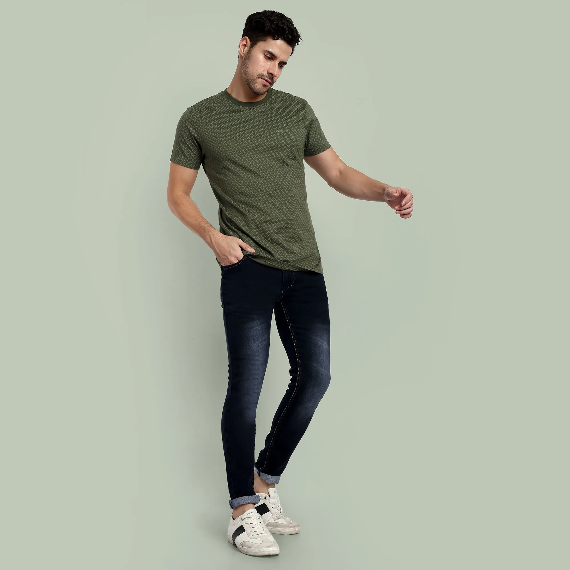 Men Military Olive Round Neck T-Shirt