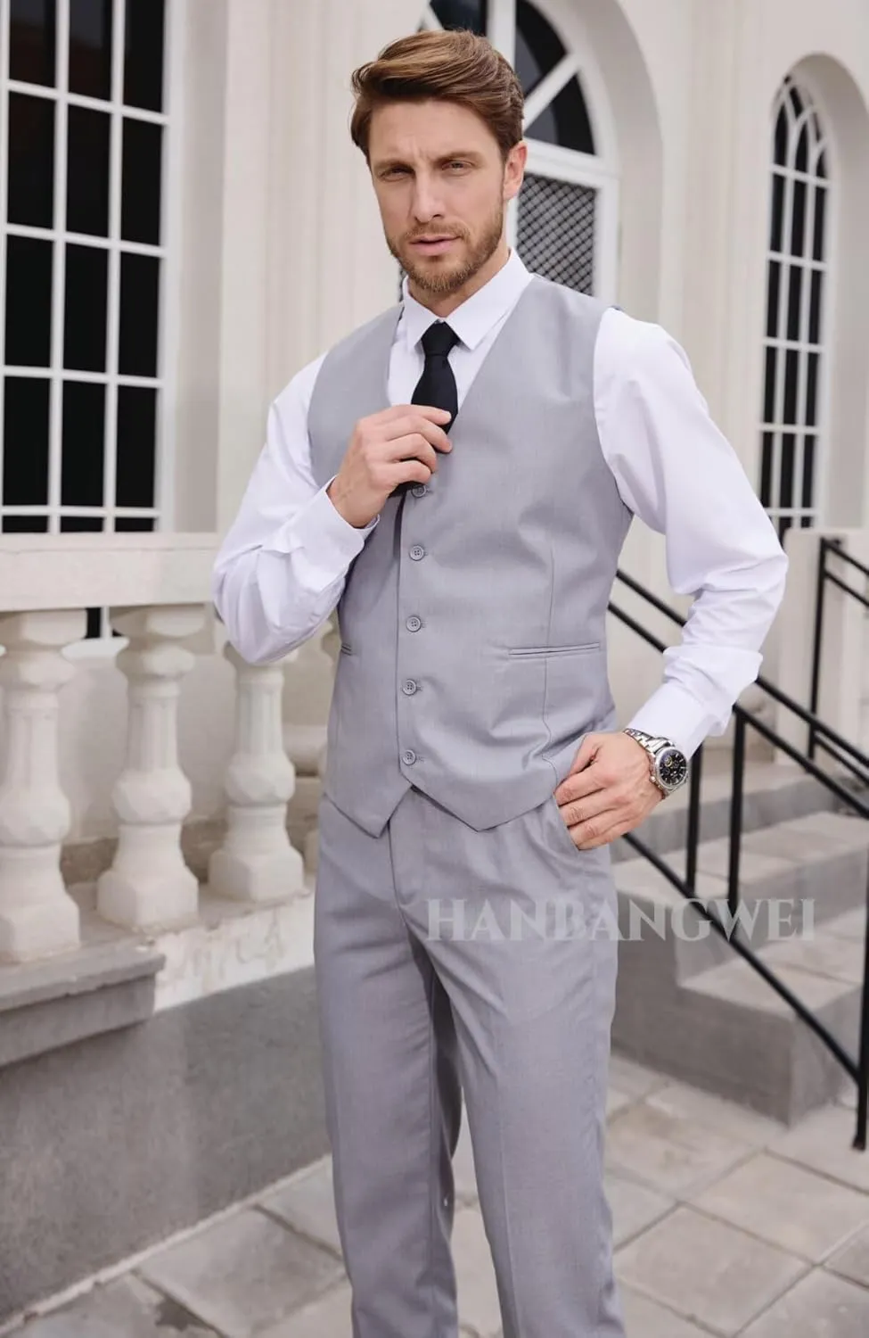 Mens 2 Piece Suit Slim Fit Formal Groomsmen Vest Pants Suit Set Wedding Single-Breasted V-Neck Vest and Pants