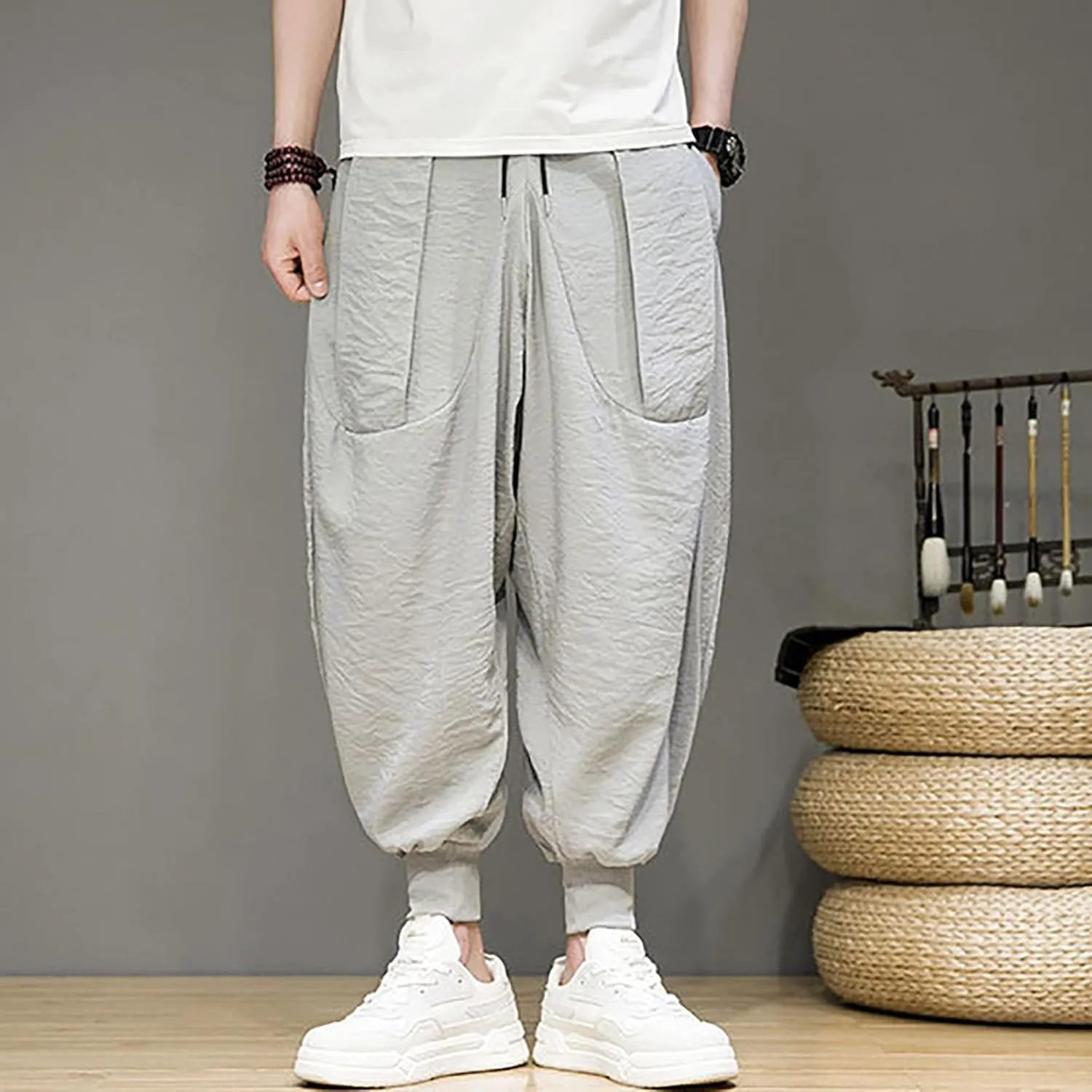 Mens 2023 Casual Harem Pant Loose Hippie Boho Aladdin Yoga Pant Casual Baggy Drawstring Hippie Boho Aladdin Harem Pant