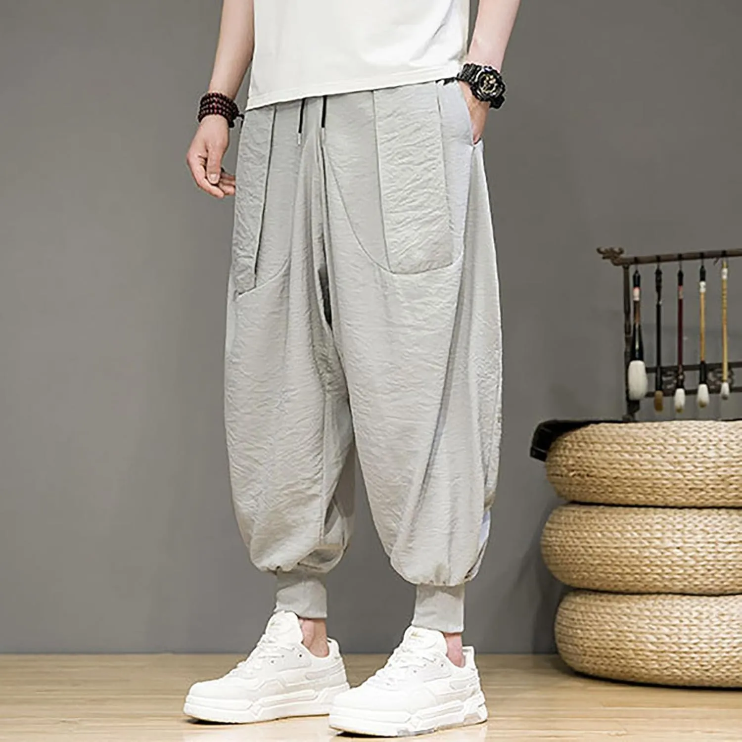 Mens 2023 Casual Harem Pant Loose Hippie Boho Aladdin Yoga Pant Casual Baggy Drawstring Hippie Boho Aladdin Harem Pant