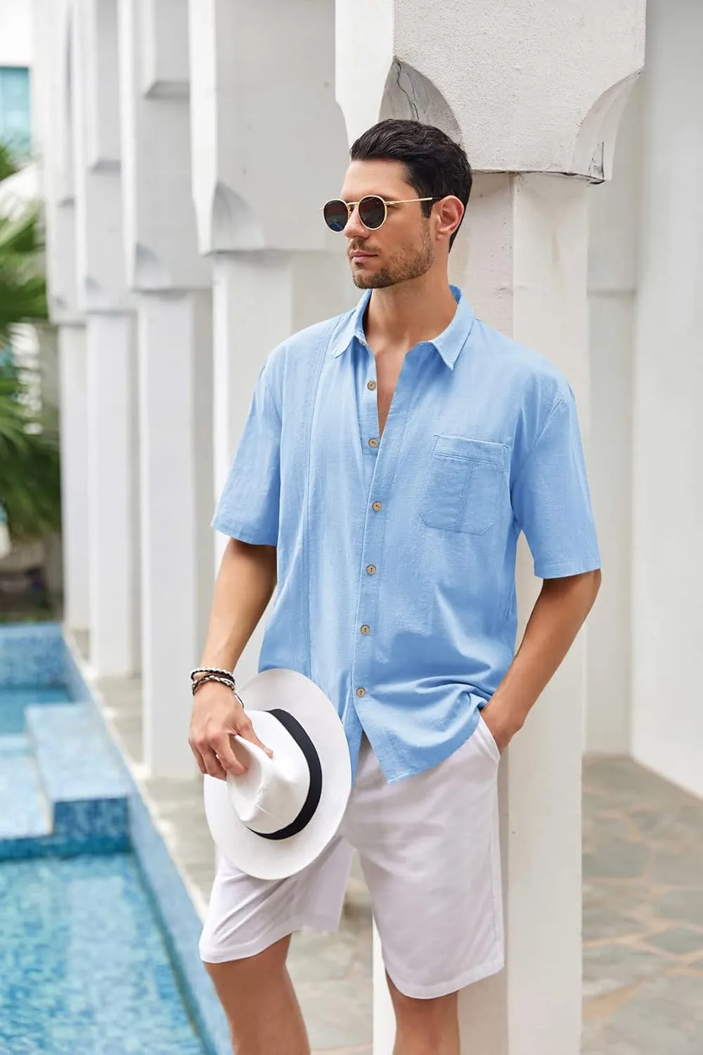Mens Beach Linen Shirts Short Sleeve Cuban Button Down Casual Summer T Shirt Guayabera Hawaiian Tee Loose Fit Tops