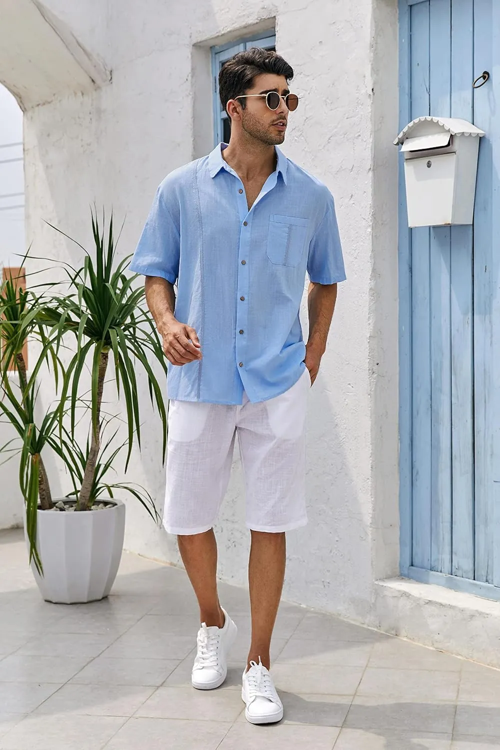 Mens Beach Linen Shirts Short Sleeve Cuban Button Down Casual Summer T Shirt Guayabera Hawaiian Tee Loose Fit Tops