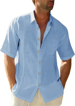 Mens Beach Linen Shirts Short Sleeve Cuban Button Down Casual Summer T Shirt Guayabera Hawaiian Tee Loose Fit Tops