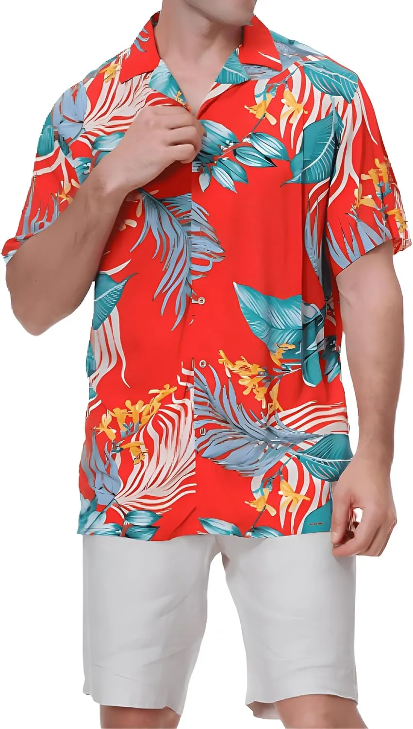 Men's Casual Button-Down Shirts, Tropical Short Sleeve Floral Printed Beach Hawaiian Shirt for Men Holiday