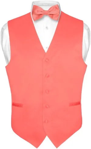 Men's Dress Vest & BowTie Solid CORAL PINK Color Bow Tie Set for Suit or Tuxedo