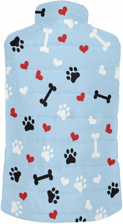 Mens Fleece Vest Dog Paw Hearts Pattern Men Outdoor Casual Stand Collar Padded Vest Coat Thick Sleeveless Jacket