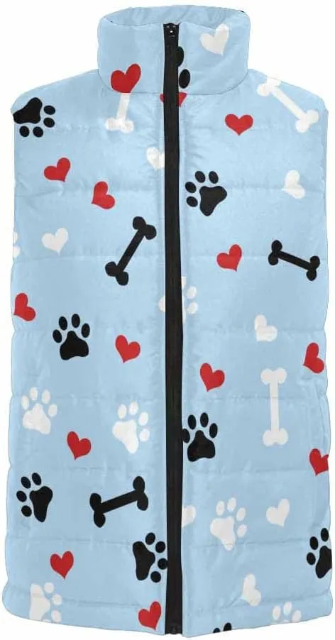 Mens Fleece Vest Dog Paw Hearts Pattern Men Outdoor Casual Stand Collar Padded Vest Coat Thick Sleeveless Jacket