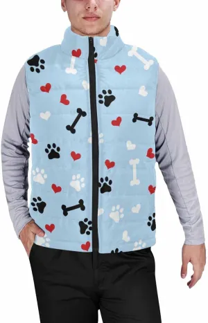 Mens Fleece Vest Dog Paw Hearts Pattern Men Outdoor Casual Stand Collar Padded Vest Coat Thick Sleeveless Jacket
