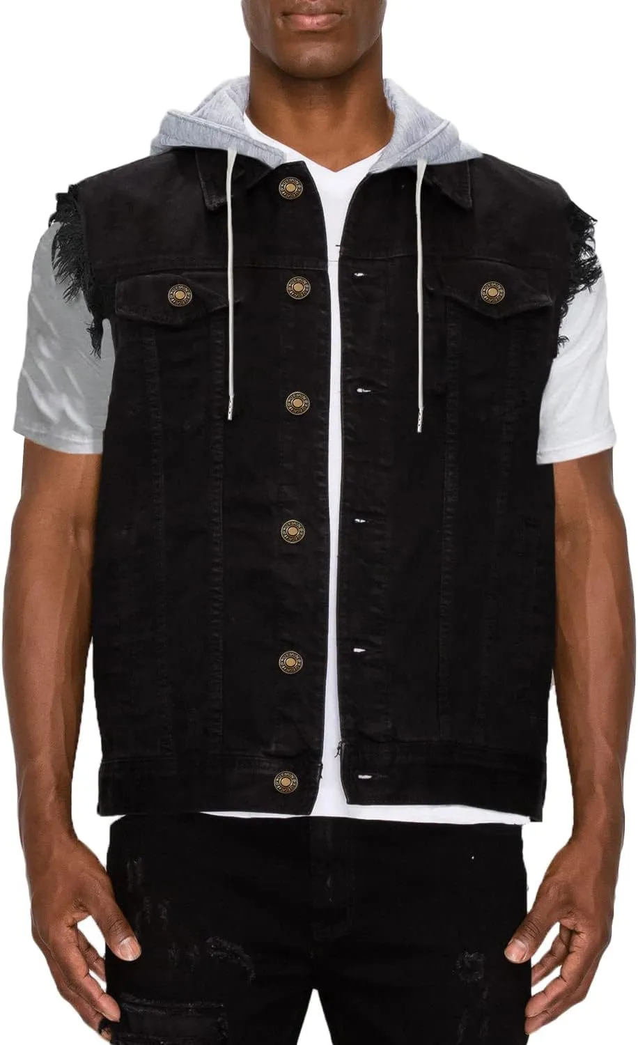 Men's Hooded Denim Vest Classic Stretchy Trucker Sleeveless Jean Jacket