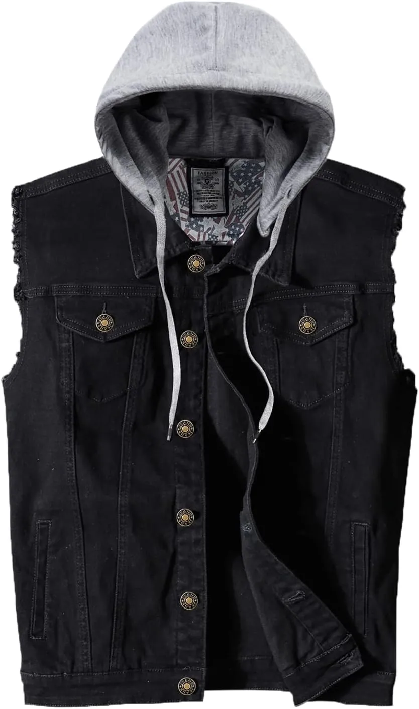 Men's Hooded Denim Vest Classic Stretchy Trucker Sleeveless Jean Jacket