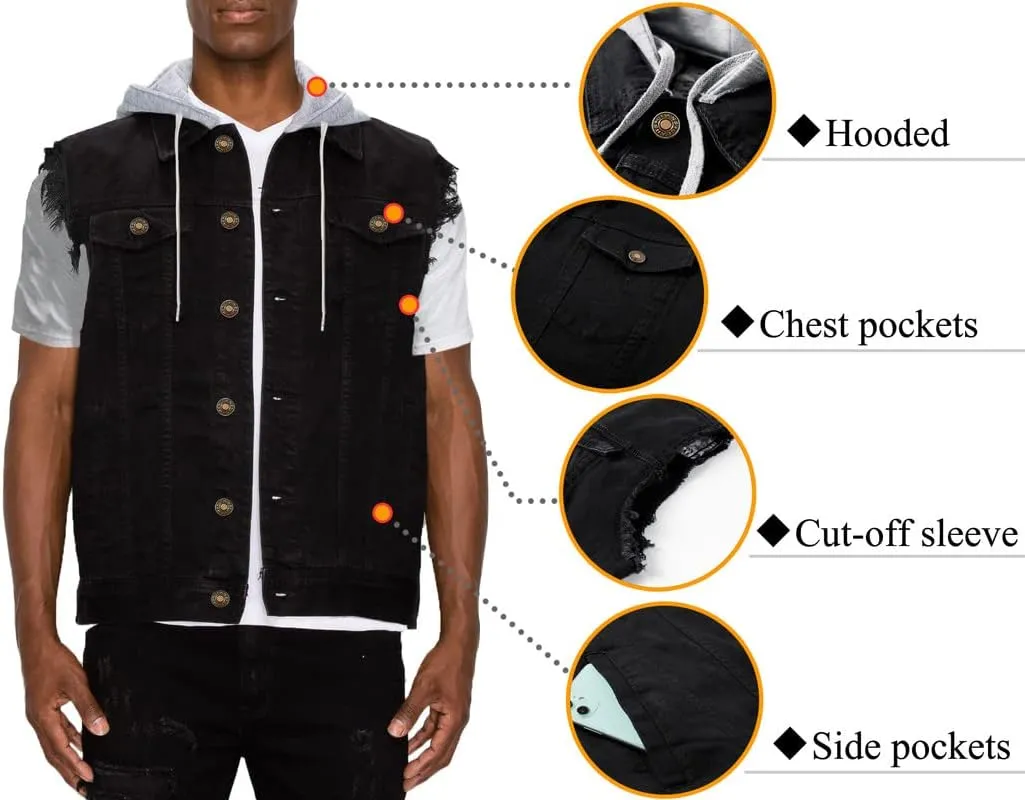 Men's Hooded Denim Vest Classic Stretchy Trucker Sleeveless Jean Jacket