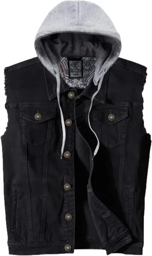 Men's Hooded Denim Vest Classic Stretchy Trucker Sleeveless Jean Jacket