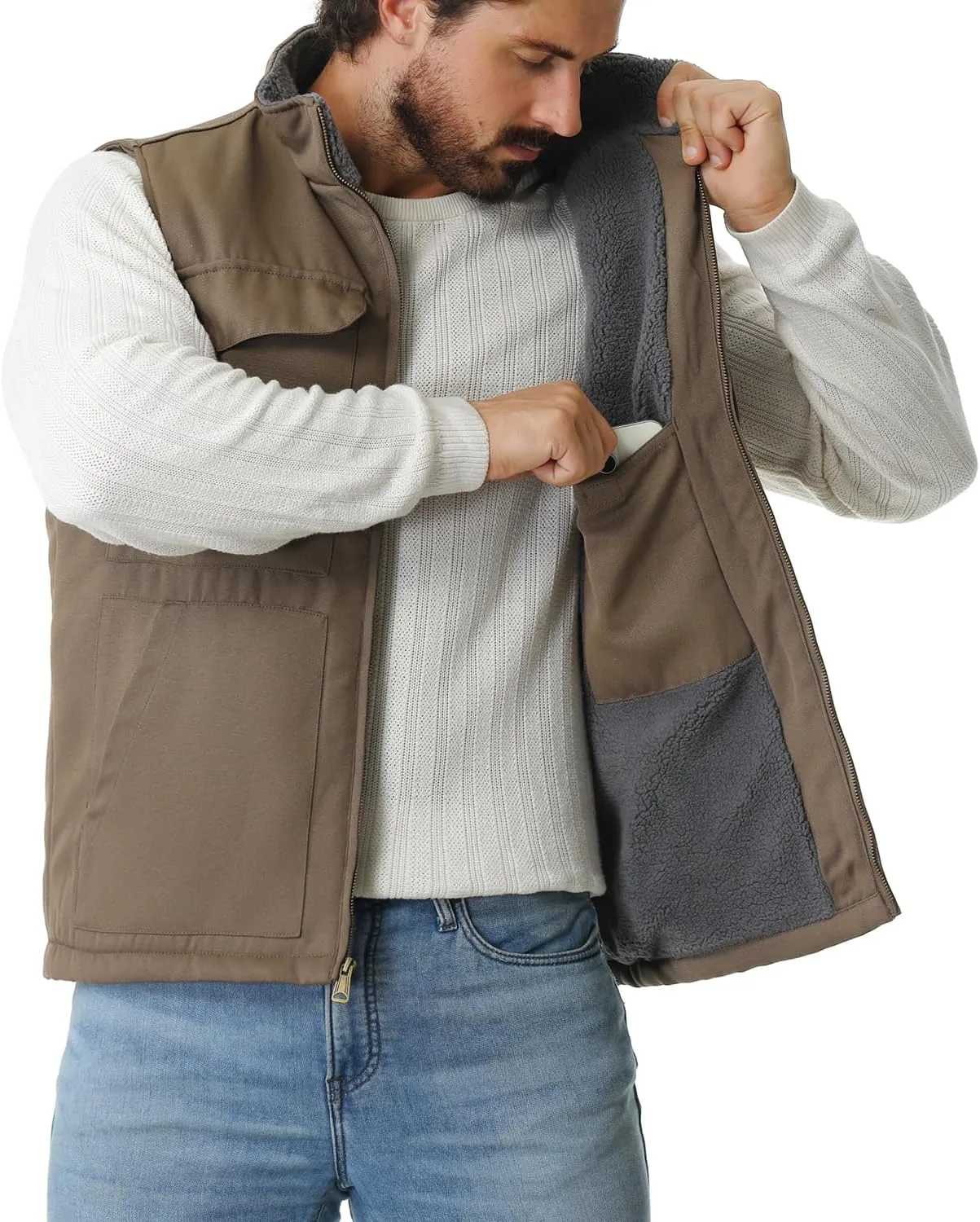 Men's Loose Fit Washed Duck Fleece-Lined Waterproof Workwear Mock-Neck Vest