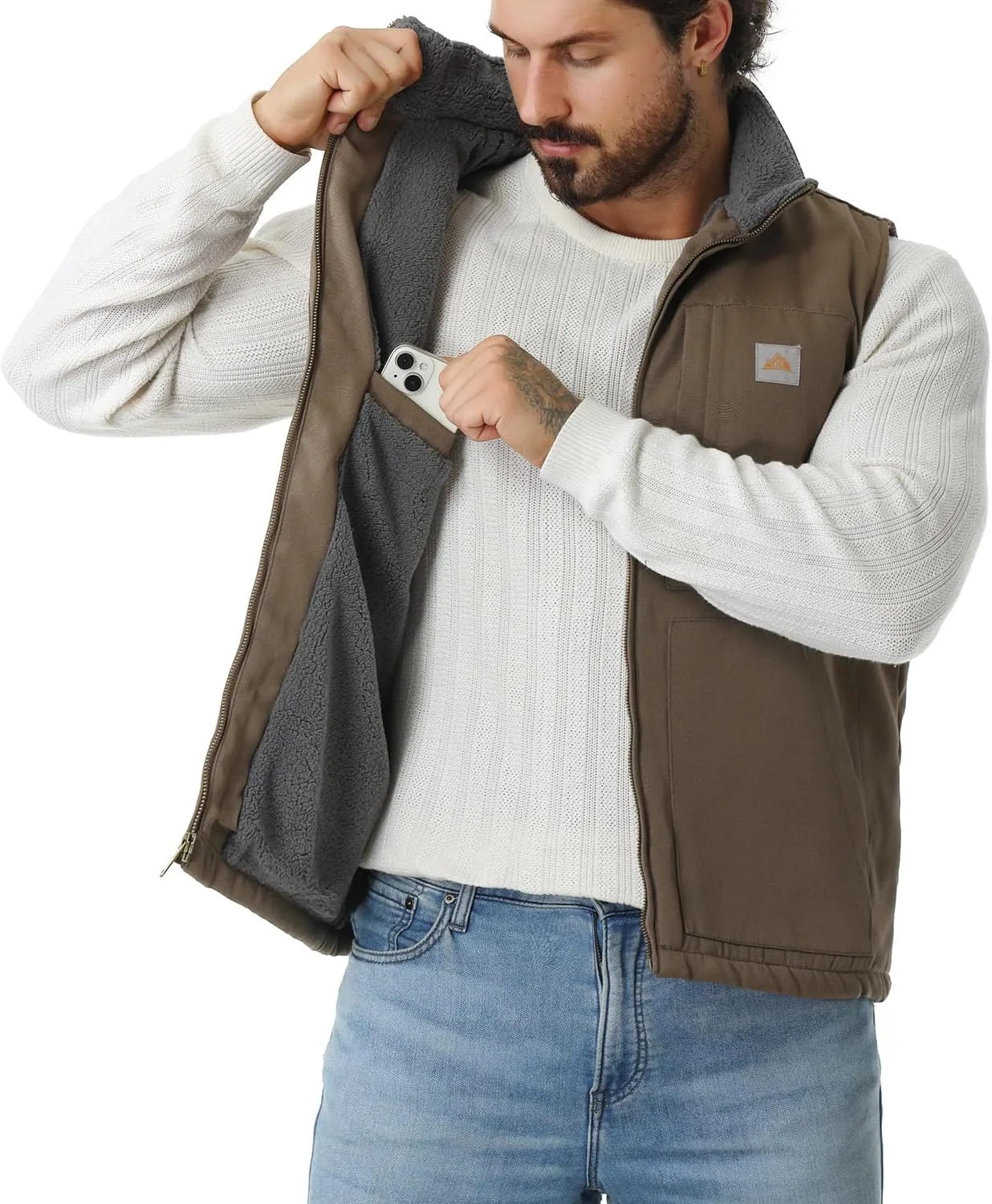 Men's Loose Fit Washed Duck Fleece-Lined Waterproof Workwear Mock-Neck Vest