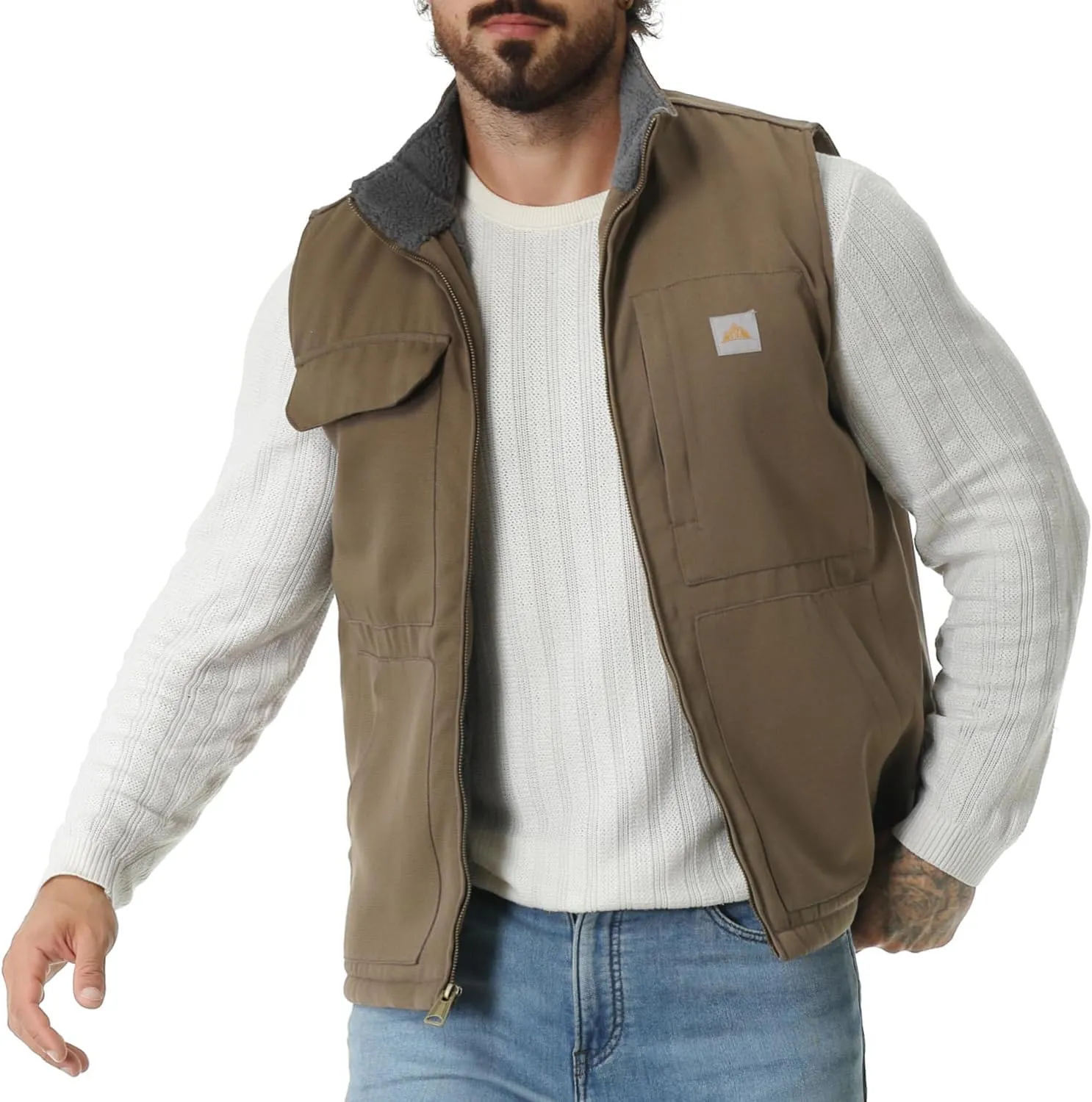 Men's Loose Fit Washed Duck Fleece-Lined Waterproof Workwear Mock-Neck Vest