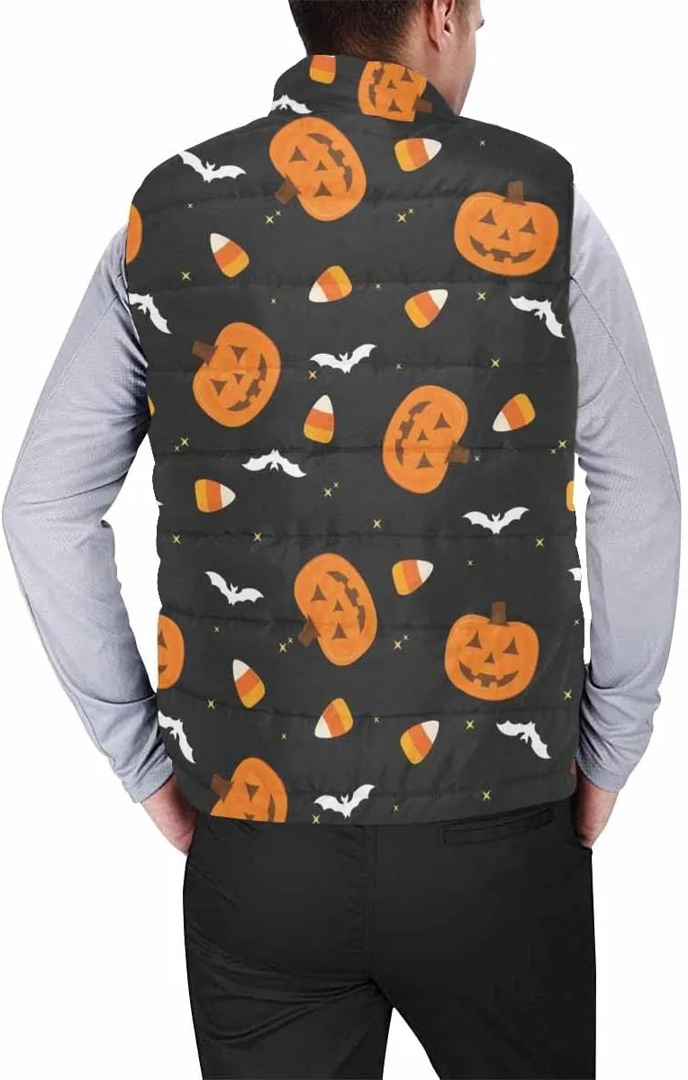 Mens Puffer Vest Halloween Pumokin Autumn Winter Warm Vest Coat Jacket Casual Loose Sleeveless Slim Warm Outwear