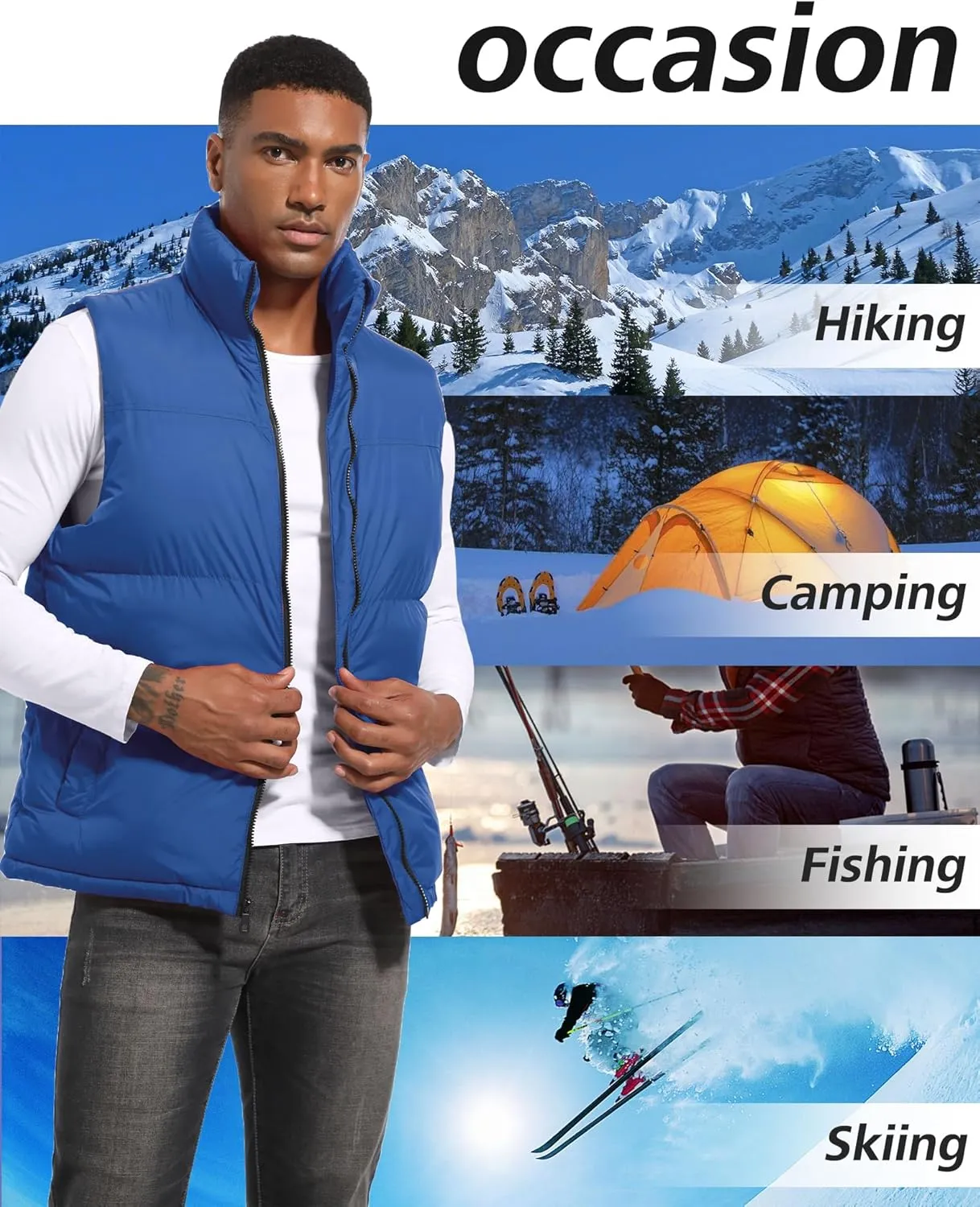 Men's Quilted Puffer Vest Sleeveless Warm Jacket Winter Water-Resistant Outdoor Puffy Vest Sizes M to 3XL