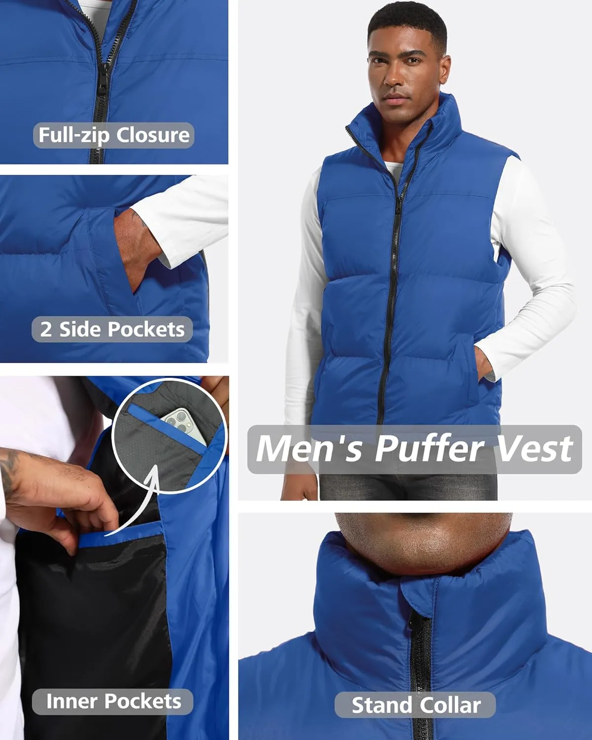 Men's Quilted Puffer Vest Sleeveless Warm Jacket Winter Water-Resistant Outdoor Puffy Vest Sizes M to 3XL