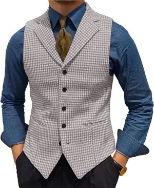 Mens Retro Wool Suit Vest Houndstooth Waistcoat Tweed Herringbone for Tuxedos